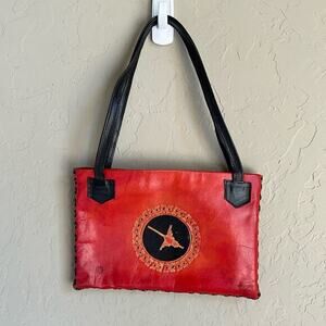 Leather hand made‎ embossed red and black shoulder bag ant made in Peru